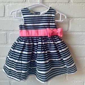 Newborn Navy & White Striped Fancy Dress Bright Pink Waist & Bow Detail Carters